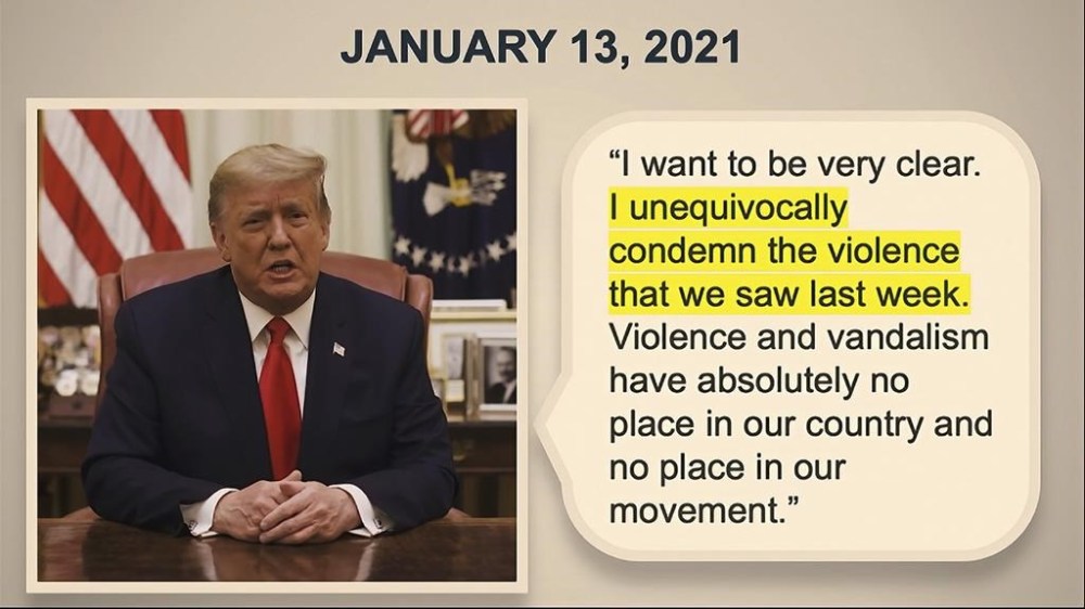 FILE - In this image from video, a video is displayed as evidence for senators, as, House impeachment manager Rep. Ted Lieu, D-Calif., speaks during the second impeachment trial of former President Donald Trump in the Senate at the U.S. Capitol in Washington, Feb. 11, 2021. The Supreme Court agreed on Feb. 28, 2024, to decide whether former President Donald Trump can be prosecuted on charges he interfered with the 2020 election and has set a course for a quick resolution. (Senate Television via AP)