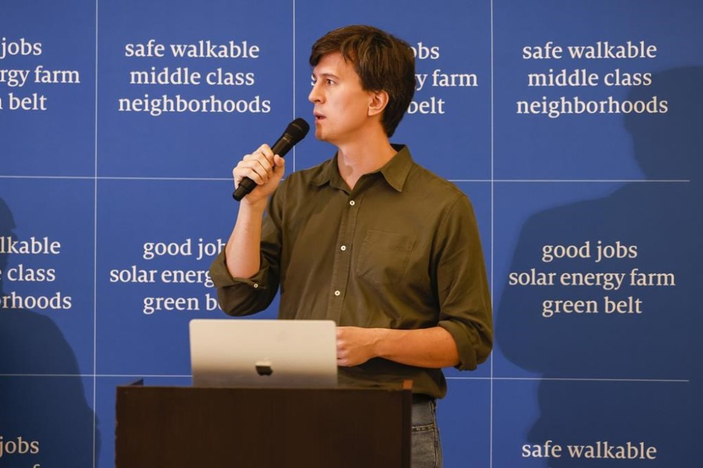 FILE - California Forever Founder and CEO Jan Sramek leads a press conference unveiling California Forever's plan for a new city in Solano County in Rio Vista, Calif., Jan. 17, 2024. A billionaire-backed proposal to build an eco-friendly California city from scratch is off to a bumpy start in qualifying its voter initiative for the Nov. 5 ballot. The deadline for the Solano County counsel's office to give California Forever the ballot title they need to start gathering signatures is Thursday, Feb. 29. (Jessica Christian/San Francisco Chronicle via AP)