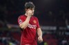Manchester United's Harry Maguire reacts after the English Premier League soccer match between Manchester United and Fulham at Old Trafford stadium in Manchester, Saturday, Feb. 24, 2024.(AP Photo/Dave Thompson)