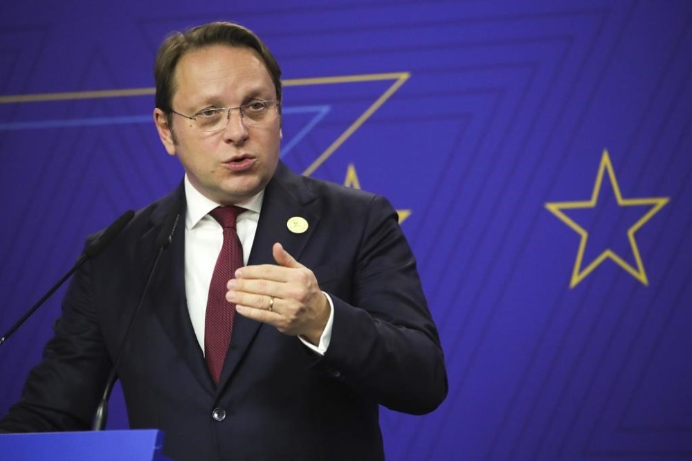 European Commissioner for Neighbourhood and Enlargement Oliver Varhelyi makes statements during a press conference with Albania's Prime Minister Edi Rama in Tirana, Albania, Thursday, Feb. 29, 2024. The leaders of Western Balkan countries met Thursday in another joint push to use the European Union's financial support plan of six billion euros (about $6.5 billion) hoping it will speed up its membership in the bloc. (AP Photo/Armando Babani)