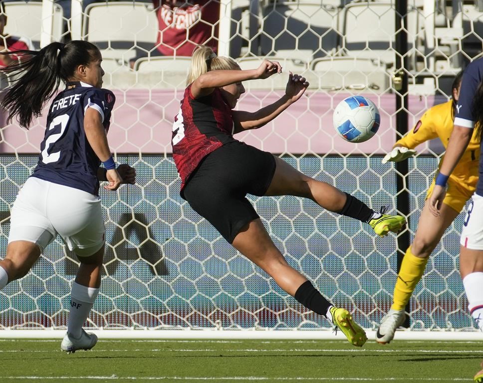 Canada forward Adriana Leon (19) scores the first goal of the game against the Paraguay during the first half of the CONCACAF W Gold Cup match Sunday, Feb. 25, 2024 at Shell Energy Stadium in Houston. The 10th-ranked Canadian women prepare for a rematch with No. 43 Costa Rica, this time Saturday in Los Angeles in the quarterfinals of the CONCACAF W Gold Cup. THE CANADIAN PRESS/AP-Yi-Chin Lee/Houston Chronicle via AP