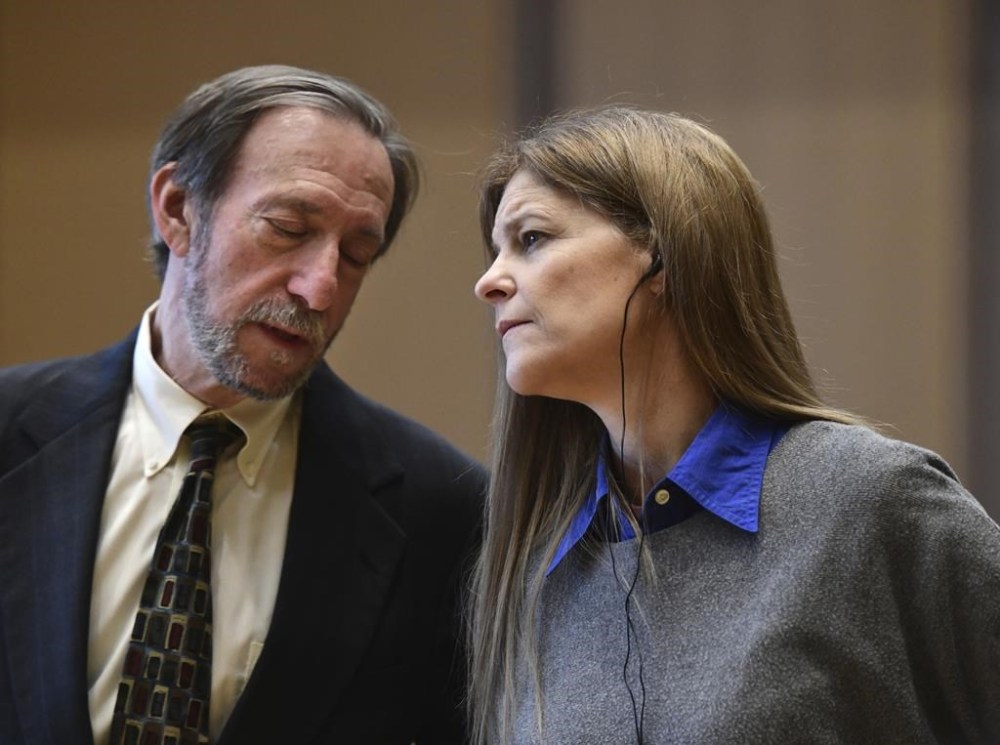 Michelle Troconis, right, appears in court with her defense attorney, Jon Schoenhorn, during the first full day of jury deliberation on day 29 of Troconis' criminal trial at Connecticut Superior Court in Stamford, Conn., Wednesday, Feb. 28, 2024. Troconis is on trial for charges related to the disappearance and death of New Canaan resident Jennifer Dulos. (Tyler Sizemore/Hearst Connecticut Media/Pool)