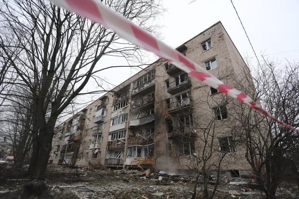 A view of a damaged apartment's building after a reported drone attack in St. Petersburg, Russia, Saturday, March 2, 2024. Russian authorities said Saturday morning that an