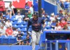 Atlanta Braves outfielder Jordan Luplow hits a two run home run during a spring training action against the Toronto Blue Jays Saturday, March 2, 2024, in Dunedin, Fla. THE CANADIAN PRESS/Mark Taylor