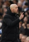 Manchester United's head coach Erik ten Hag reacts after Manchester City's Phil Foden scored his side's first goal during an English Premier League soccer match between Manchester City and Manchester United at the Etihad Stadium in Manchester, England, Sunday, March 3, 2024. (AP Photo/Dave Thompson)