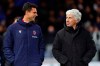 Bologna's head coach Thiago Motta, left, and Atalanta's head coach Gian Piero Gasperini smile before the Serie A soccer match between Atalanta and Bologna at the Gewiss Stadium stadium in Bergamo, Italy, Sunday, March 3, 2024. (Spada/LaPresse via AP)