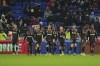Lens' Florian Sotoca, left, celebrates after scoring his side's opening goal during the French League One soccer match between Lyon and Lens at the Groupama stadium, outside Lyon, France, Sunday, March 3, 2024. (AP Photo/Laurent Cipriani)