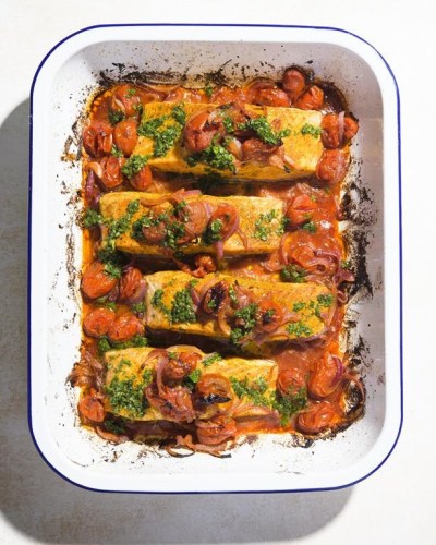This image released by Milk Street shows a recipe for broiled curried salmon. (Milk Street via AP)