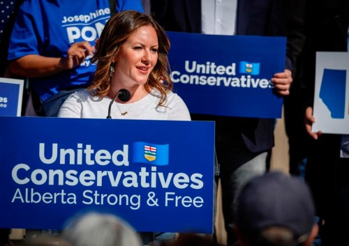Rebecca Schulz speaks at a campaign launch rally in Calgary on Sat., April 29, 2023.The Alberta government is promising to invest $125 million over the next five years to protect communities against flood and drought. THE CANADIAN PRESS/Jeff McIntosh