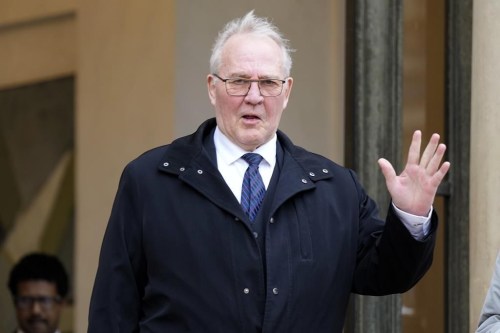 Defence Minister Bill Blair waves as he arrives at the Elysee Palace in Paris, Monday, Feb. 26, 2024.The military base in Edmonton is getting millions in federal funding to upgrade its energy infrastructure. THE CANADIAN PRESS/AP/Lewis Joly