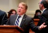 FILE - Alabama Sen. Dick Brewbaker, R-Montgomery, speaks at the podium on the Senate floor during a special legislative session, Aug. 17, 2016, at the Alabama State House in Montgomery, Ala. The former state senator is seeking the GOP nomination in Alabama's 2nd Congressional District. (Julie Bennett/The Birmingham News via AP, File)