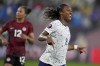 United States' Jaedyn Shaw, right, celebrates after scoring a goal as Canada's Jade Rose looks on during the first half of a CONCACAF Gold Cup women's soccer tournament semifinal match, Wednesday, March 6, 2024, in San Diego. (AP Photo/Gregory Bull)