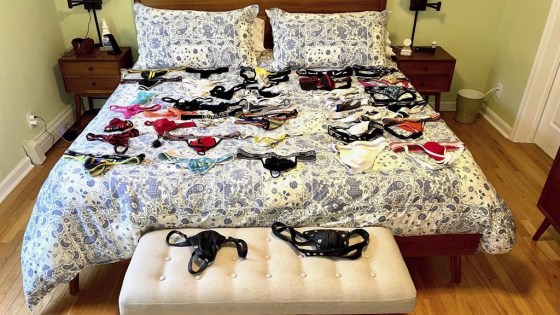 This image released by Sean McDougle shows his collection of jockstraps in Sullivan County, N.Y. (Sean McDougle via The Associated Press)