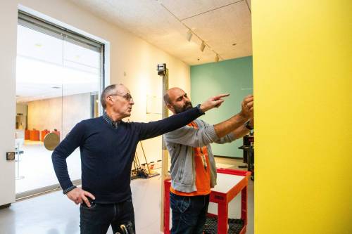 MIKAELA MACKENZIE / WINNIPEG FREE PRESS
                                Stephen Borys (left) and Radovan Radulovic discuss the installation of the Tim Gardner exhibition.