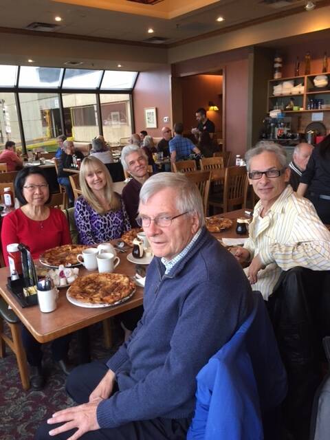 SUPPLIED
John Barsby reuniting in 2016 with former students (from left) Shirley Lowe, Fern
(Zamick) Carr, Bill Leslie and Marty Green