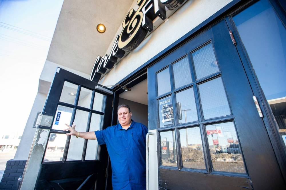 MIKAELA MACKENZIE / WINNIPEG FREE PRESS Mike Vogiatzakis, brother of Kyriakos Vogiatzakis, at the Cork and Flame on re-opening day on Friday, Feb. 2, 2024. For Chris Kitching story. Winnipeg Free Press 2024.