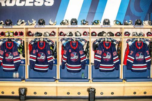 MIKAELA MACKENZIE / FREE PRESS
                                The right corner with Perfetti, Monahan, and Namestnikov stalls in the Jets locker room at the Canada Life Centre on Wednesday, Feb. 14, 2024. For sports story.
