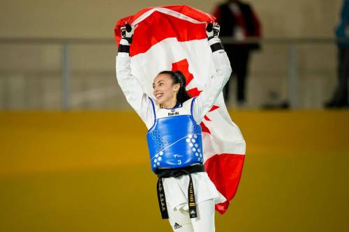 Skylar Park of Canada celebrates after winning the gold medal in the Women&rsquo;s Kyorugi 57kg semifinals during the Santiago 2023 Pan American Games on Sunday, October 22, 2023. Photo by Darren Calabrese/COC *MANDATORY CREDIT*