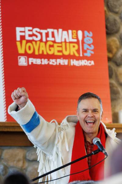 MIKE DEAL / FREE PRESS
                                Robert Loiselle, MLA for St. Boniface, shouts Hého during the official kick-off of Festival du Voyageur at Fort Gibraltar Thursday.