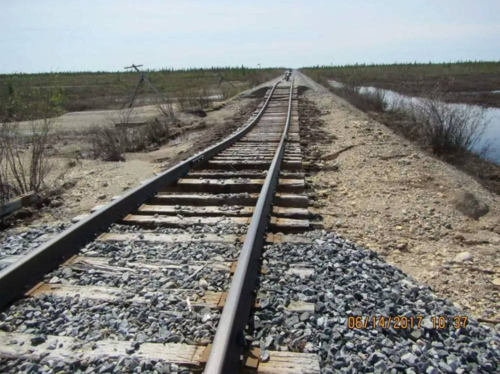 Damaged tracks on the Hudson Bay Railway after a heavy spring melt in 2017. (Supplied)