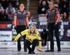 Team Manitoba-Jones skip Jennifer Jones encourages her teammates as Team Ontario-Homan lead Sarah Wilkes, left, and second Emma Miskew look on in the final at the Scotties Tournament of Hearts in Calgary, Sunday, Feb. 25, 2024. (Jeff McIntosh / The Canadian Press)