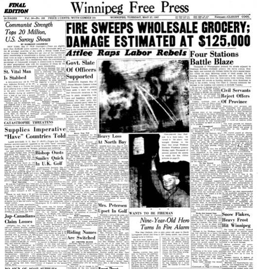 The front page of the Winnipeg Free Press on May 27, 1947, covering the fire at the Weidman Brothers grocery at 244 Jarvis Ave.