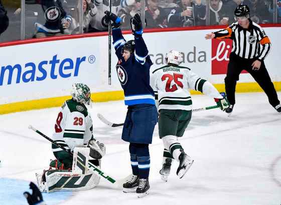 Gabriel Vilardi celebrates his goal against Minnesota Wild goaltender Marc-Andre Fleury during the third period in Winnipeg on Tuesday. (Fred Greenslade / The Canadian Press)