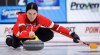 Team Canada skip Kerri Einarson makes a shot as they play Team Ontario–Homan in qualifications at the Scotties Tournament of Hearts in Calgary, Alta., Friday, Feb. 23, 2024.  THE CANADIAN PRESS/Jeff McIntosh