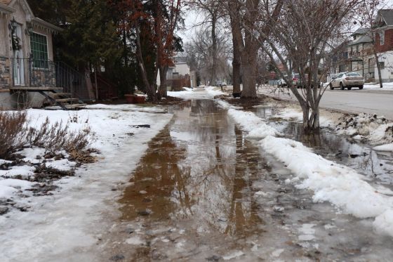 A section of the northbound sidewalk near Rue St. Jean Baptiste in the Central St. Boniface neighbourhood was covered in slick ice and pools of water Wednesday afternoon, forcing pedestrians onto the roadway. (Tyler Searle / Winnipeg Free Press)