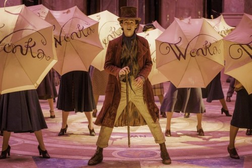 This image released by Warner Bros. Pictures shows Timothee Chalamet, center, in a scene from 
