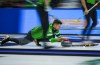 Saskatchewan skip Mike McEwen delivers a rock while playing Team Manitoba-Dunstone during the playoffs at the Brier, in Regina, Saturday, March 9, 2024. THE CANADIAN PRESS/Darryl Dyck