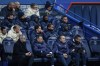 PSG's Kylian Mbappe sits on the substitutes bench during the French League One soccer match between Paris Saint-Germain and Reims at the Parc des Princes stadium in Paris, France, Sunday, March 10, 2024. (AP Photo/Aurelien Morissard)