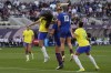 United States' Lindsey Horan (10) scores a goal with a header during the first half of the CONCACAF Gold Cup women's soccer tournament final match against Brazil, Sunday, March 10, 2024, in San Diego. (AP Photo/Gregory Bull)