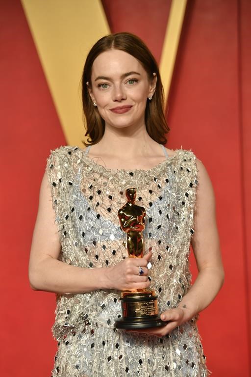 Emma Stone arrives at the Vanity Fair Oscar Party on Sunday, March 10, 2024, at the Wallis Annenberg Center for the Performing Arts in Beverly Hills, Calif. (Photo by Evan Agostini/Invision/AP)