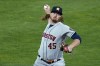 FILE - Houston Astros relief pitcher Ryne Stanek (45) throws against the Minnesota Twins in a baseball game Friday, June 11, 2021, in Minneapolis. Reliever Stanek is guaranteed $4 million in his one-year contract with the Seattle Mariners in a deal announced Saturday, March 9, 2024, and can earn $2 million in performance bonuses for games pitched and games finished. (AP Photo/Jim Mone, File)