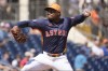 Houston Astros starting pitcher Framber Valdez throws during the first inning of a spring training baseball game against the Detroit Tigers Monday, March 11, 2024, in West Palm Beach, Fla. (AP Photo/Jeff Roberson)