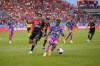Toronto FC's Latif Blessing, right, moves the ball against Atlas FC's Jose Abella during first half Leagues Cup soccer action in Toronto, Sunday July 30, 2023. THE CANADIAN PRESS/Mark Blinch