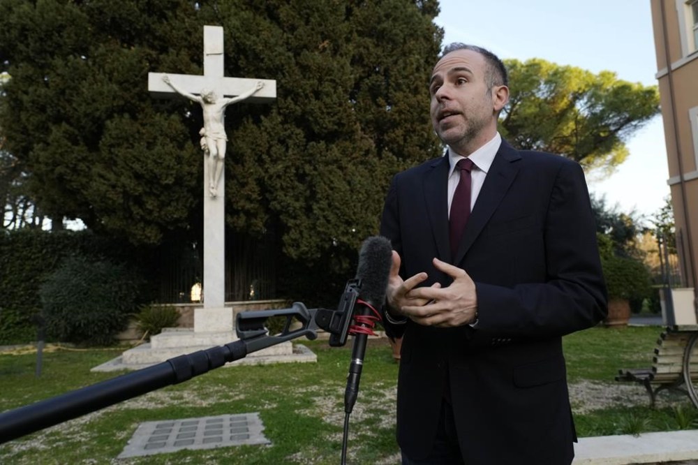 Italian journalist and writer Fabio Marchese Ragona is interviewed by the Associated Press, in Rome, Thursday, March 13, 2024. Pope Francis says he has no plans to resign and isn't suffering from any health problems that would require doing so, in an autobiography,