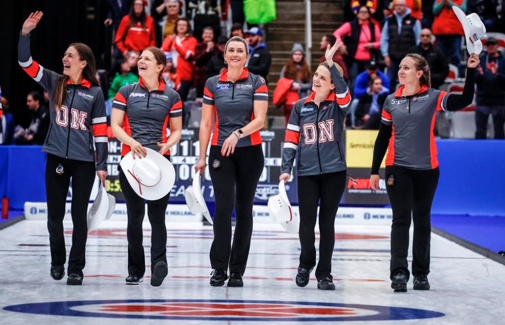 Team Ontario-Homan, left to right, alternate Rachel Brown, lead Sarah Wilkes, second Emma Miskew, vice-skip Tracy Fleury and skip Rachel Homan, right, celebrate after defeating Team Manitoba-Jones in the final at the Scotties Tournament of Hearts in Calgary, Sunday, Feb. 25, 2024. THE CANADIAN PRESS/Jeff McIntosh