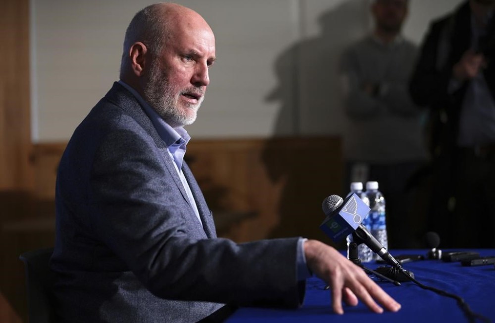 St. Louis Blues general manager Doug Armstrong listens to a question at a news conference on the firing of coach Craig Berube at the Centene Community Ice Center in Maryland Heights, Mo., on December 13, 2023. THE CANADIAN PRESS/AP - St. Louis Post-Dispatch, Robert Cohen