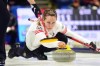 Canada's skip Rachel Homan delivers a rock during World Women’s Curling Championship action against Sweden in Sydney, N.S. on Saturday, March 16, 2024. THE CANADIAN PRESS/Darren Calabrese