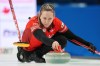 Canada's skip Rachel Homan delivers a stone during World Women’s Curling Championship action against the United States in Sydney, N.S. on Sunday, March 17, 2024. THE CANADIAN PRESS/Darren Calabrese