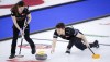 Laura Walker and Kirk Muyres earned a 9-3 win over Jasmin Gibeau and Audrey Laplante to improve to 3-0 at the Canadian mixed doubles curling championship on Monday.&nbsp;Muyres, right, makes a shot as Walker sweeps while they play Team Einarson/Gushue at the Canadian Mixed Doubles Curling Championship in Calgary, Alta., Wednesday, March 24, 2021. THE CANADIAN PRESS/Jeff McIntosh