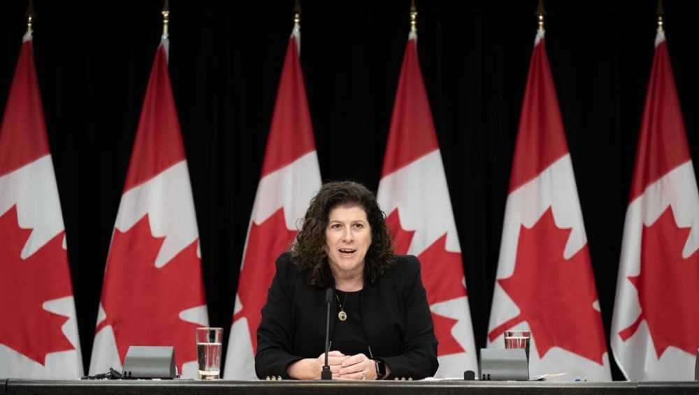 Auditor general Karen Hogan speaks during a news conference, Monday, February 12, 2024 in Ottawa. THE CANADIAN PRESS/Adrian Wyld
