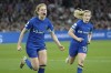 Chelsea's Sjoeke Nuksen, left, celebrates after scoring her side's second goal during the Women's Champions League quarterfinal soccer match between Ajax and Chelsea at the Johan Cruyff ArenA, in Amsterdam, Netherlands, Tuesday, March 19, 2024. (AP Photo/Peter Dejong)