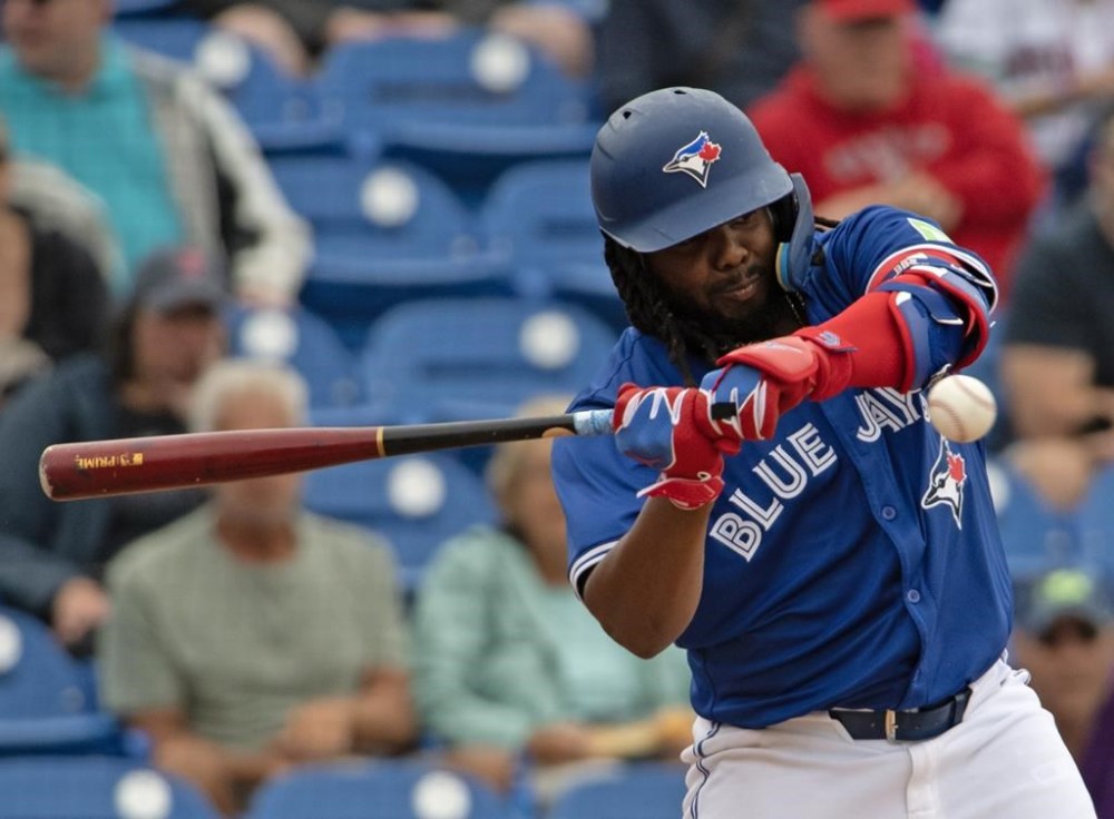 Toronto Blue Jays first baseman Vladimir Guerrero Jr. at bat during Spring Training action against the Boston Red Sox on Friday, March 22, 2024, in Dunedin, Fla. THE CANADIAN PRESS/Mark Taylor