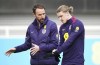 England manager Gareth Southgate, left, talks to Conor Gallagher during a training session ahead of Saturday's friendly soccer match against Brazil, at St. George's Park, Burton upon Trent, England, Friday March 22, 2024. (Mike Egerton/PA via AP)