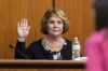 FILE- Colleton County Clerk of Court Rebecca Hill is sworn in before taking the stand to testify during the Alex Murdaugh jury-tampering hearing at the Richland County Judicial Center, Monday, Jan. 29, 2024, in Columbia, S.C. Hill, under investigation amid allegations of tampering with the jury in the Alex Murdaugh trial, announced her resignation on Monday, March 25, 2024. (Andrew J. Whitaker/The Post And Courier via AP, Pool, File)
