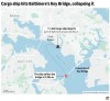 The following map highlights the route of the Dali cargo ship in the port of Baltimore up until it strikes the Francis Scott Key Bridge on March 26. (AP Digital Embed)