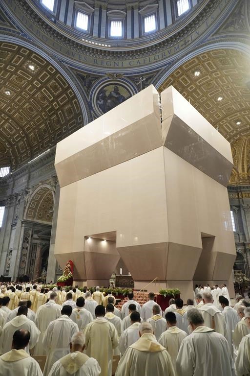 Cardinals attend the Holy Chrism Mass in St. Peter's Basilica, at The Vatican, Thursday, March 28, 2024. (AP Photo/Gregorio Borgia)
